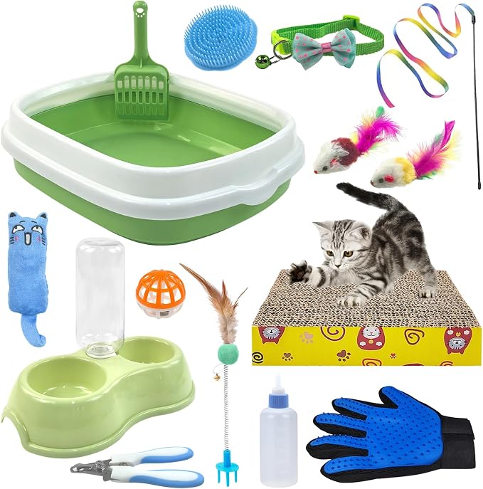 Kitten Starter Kit - 15 Piece Cat Essentials Set Includes Litter Box, Toys, Collars, Scratch Pad, Nail File, Automatic Feed Bowls, Grooming Gloves for Daily Life (Green)