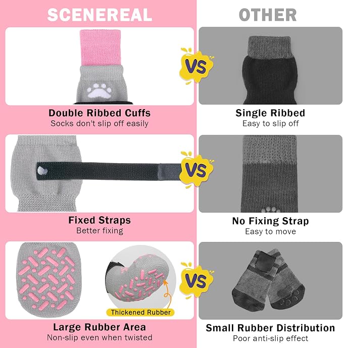 SCENEREAL Anti Slip Dog Socks to Prevent Licking Paws, Dog Shoes for Hot/Cold Pavement, Paw Protector Traction Control on Hardwood Floor, Dog Shoes Booties for Puppy Small Medium Large Senior Dogs