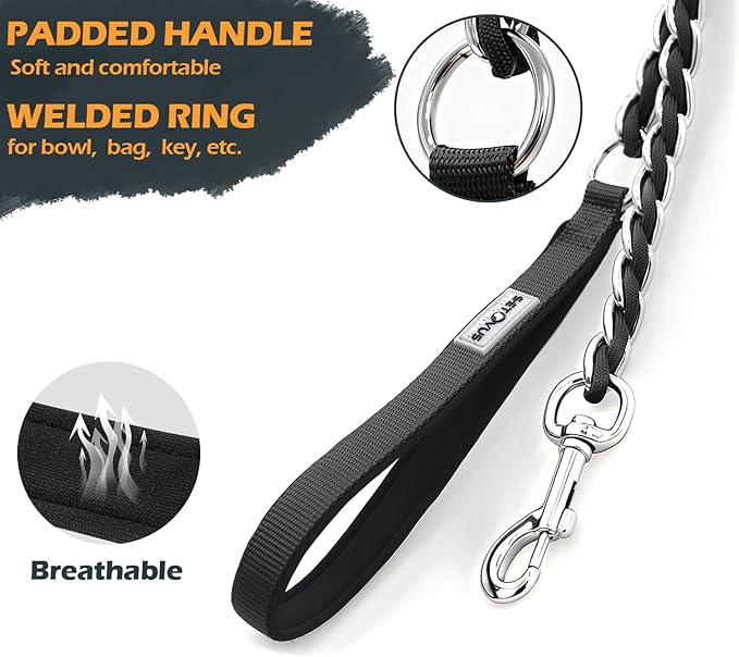 S-ETOVUS-Chain Dog Leash, Bite-Proof Metal Leash, with Padded Handle | Three Sizes 7.25FT/5.2FT/4FT, Woven From Nylon Rope And Chain, Durable And Bite-Resistant, Comfortable With Padded Handles