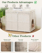 SETVSON Cat Litter Box Enclosure Furniture, Handwoven PE Rattan, White | Large Double-Door PE Rattan Kitty House, Fits Large Covered Litter Boxes, 2 Litter Mats, 2 S-Hooks, Metal Frame