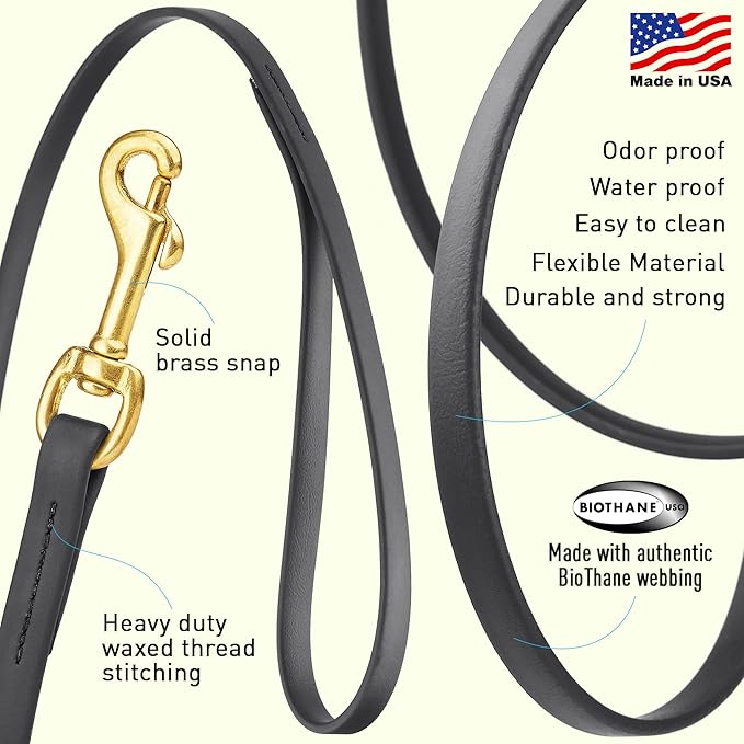 Viper Biothane K9 Working Dog Leash Waterproof Lead for Tracking Training Schutzhund Odor-Proof Long Line with Solid Brass Snap for Puppy Medium and Large Dogs, 33ft Black