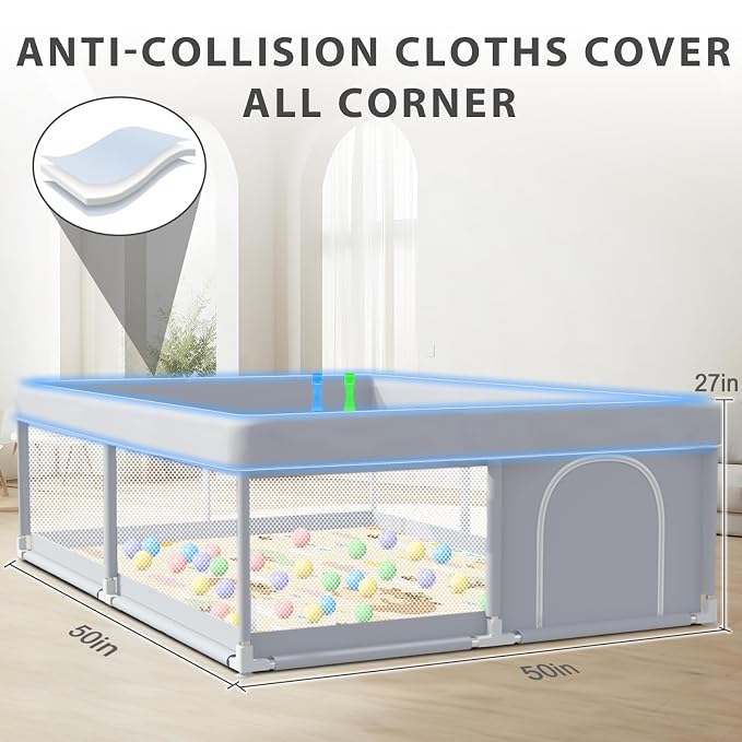 XVISHX Baby Playpen with Mat, 50x50 Inch Play Pen, Playpen for Babies and Toddlers, Baby Playard for Indoor & Outdoor Active Center Game Fence, with Skin-Friendly Fabric and Soft Breathable Mesh