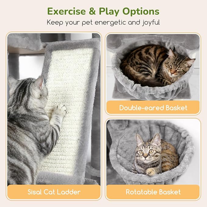 Globlazer Extra Large Cat Tree Tower 80in XXL Tall Cat Tree for Multiple Indoor Cats Large Adult Kittens with Scratching Posts, 2 Widened Perches, Adjustable Baskets, 2 Cozy Condos, S80G, Light Grey
