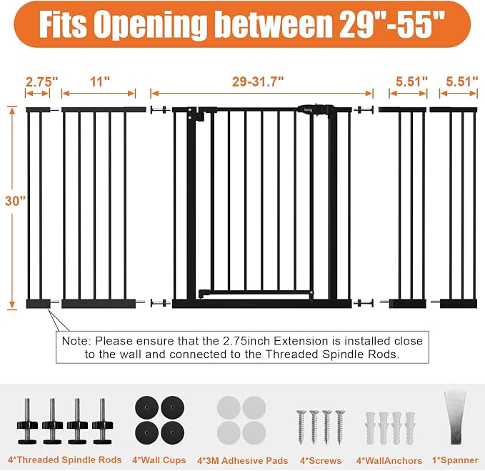 keny 29"-55" Extra Wide Baby Gate, Pressure Mounted No Drilling Dog Gate | for Stairs Doorways, Easy Walk Through Safety Gate for Babies or Pets, 30" Tall, Black