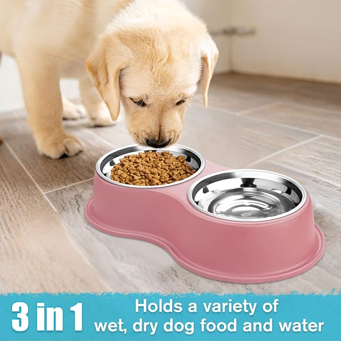 Epetslove Stainless Steel Dog Bowls Double Non-Slip Dog Water and Food Bowl | Pet Feeder Bowls, Dog Dishes, Raised Feeding Design, Double Bowls Set, For Puppies, Medium Dogs and Cats, Outdoor / Indoor