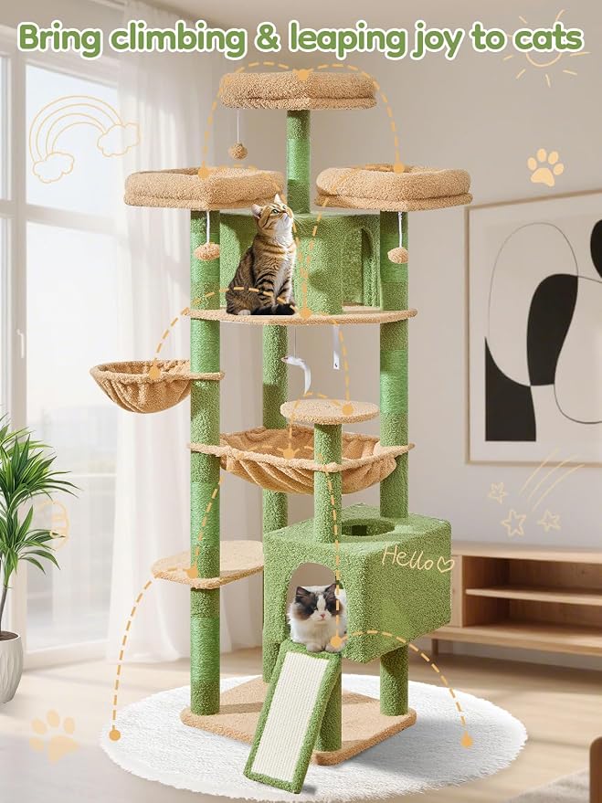 Taoqimiao Tall Cat Tree, 76In XL Cat Tower for Large Cats, 3 Padded Perches | Oversized Metal Hammock, 2 Big Condos, 1-Piece Ramp Scratcher, 7 Natural Sisal Posts, Hanging Basket, Cactus, MS047T