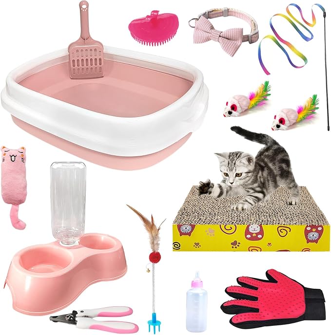 Kitten Starter Kit, 15-Piece Cat Essentials Set Includes Litter Box, Toys, Collars, Scratch Pad, Nail File, Automatic Feed Bowls, Grooming Gloves (Pink)