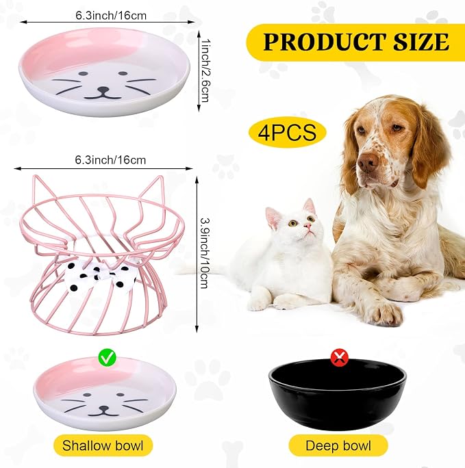Cat Feeder, 4 Pcs Elevated Ceramic Cat Bowls with Metal Stand, Whisker Friendly, Anti Vomit, Dishwasher Safe, for Dog Pet (Multicolor)