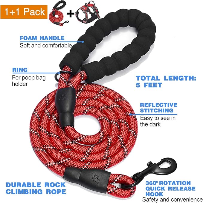 tobeDRI No Pull Dog Harness Adjustable Reflective Oxford Easy Control Medium Large Dog Harness with A Free Heavy Duty 5ft Dog Leash, Red, M