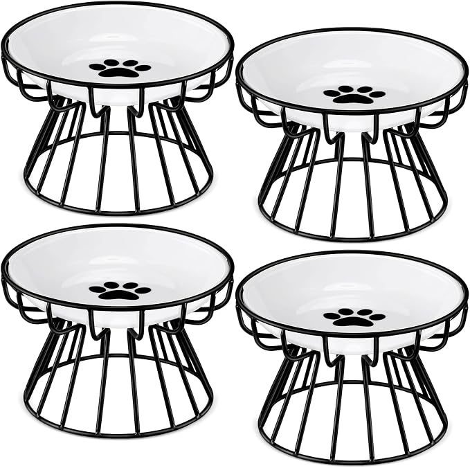 Roshtia 4 Sets Elevated Cat Bowls Ceramic Raised Cat Food Bowls with Metal Stand Dishwasher Safe Dishes Non Slip Elevated Food Plate(Black,Paw)