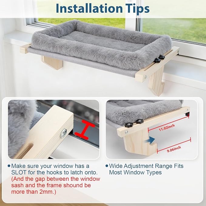 Cat Sill Window Perch - 100% Natural Pine Frame, Soft Plush Fleece Cushion, Tool-Free Adjustment, Supports 55 lbs (Extra Large-Grey)