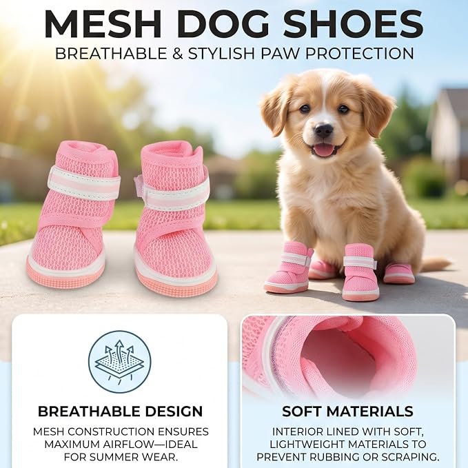 Mesh Dog Shoes Breathable Lightweight Wearproof Slip Resistant Cute Fashion Puppy Boots for Summer, Soft Mesh Rubber Sole for Hot Pavement Protection Indoor Floor