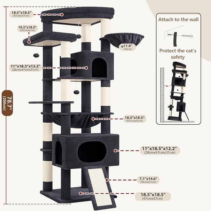 Gitelsnour Cat Tree, 78.7'' Cat Tower, 2 Big Condos for Multi Cats GCT061G | Tall Cat House Furniture for Large Cats with Hammock, Big Platform for Indoor Cats, Scratching Posts & Board , Dark Gray