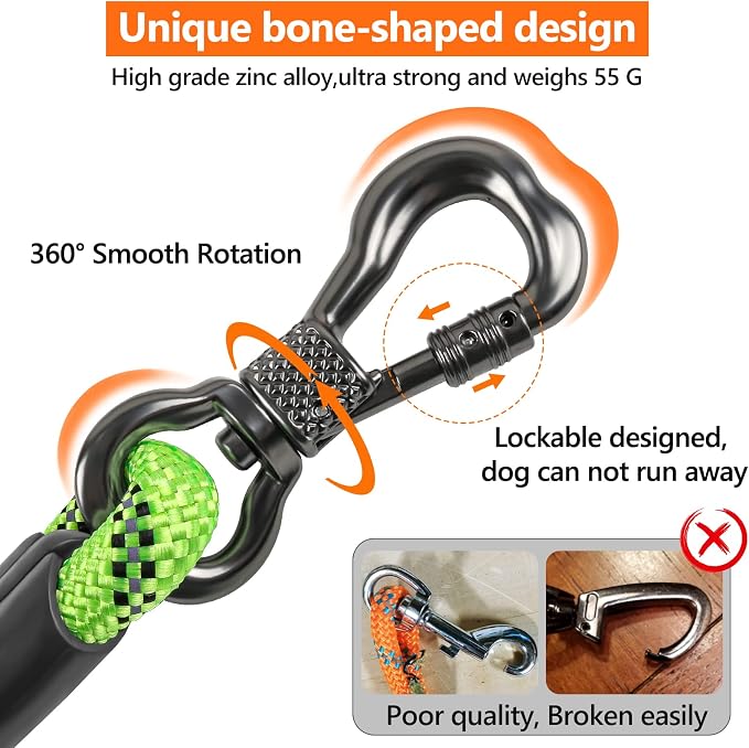 NTR Heavy Duty Large Dog Leash, Reflective Leash with Swivel Lockable Hook and Comfortable Padded Handle, Puppy for Walking, Hunting, Camping, Backyard Small Medium Dogs, Green, 30ft*1/2''