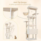 Heybly Tall Cat Tree for Large Cat, 80-inch Multi-Level Cat Tower HCT038M | Condo Furniture for Indoor Cats with Large Baseboard, 2 Widened Plush Perches, Scratching Board, Big Caves, Beige