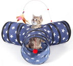 Tempcore Cat Tunnel for Indoor Cats, 3 Way Collapsible Pet Play Tunnel with Teaser Wand, Peek Holes & Hanging Ball, Interactive Tube for Kittens & Rabbits, Pentagram Printed
