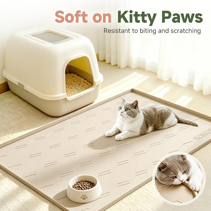 Songrey Silicone Cat Litter Mat 34" x 22", Large Litter Trapping Mat, Beige | Waterproof, Urine-Proof Litter Box Mat for Floor, Soft on Kitty Paws, Easy To Clean, Cat Supplies, Pet Feeding Mat
