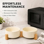SPUNKYJUNKY Ceramic Dog and Cat Bowl Set with Wooden Stand, Modern Cute Weighted Food Water Set for Small Size Dogs (13.5OZ) & Medium Sized Dogs (28.7OZ) & Cats (3.6 Cups, 2 × Beige)