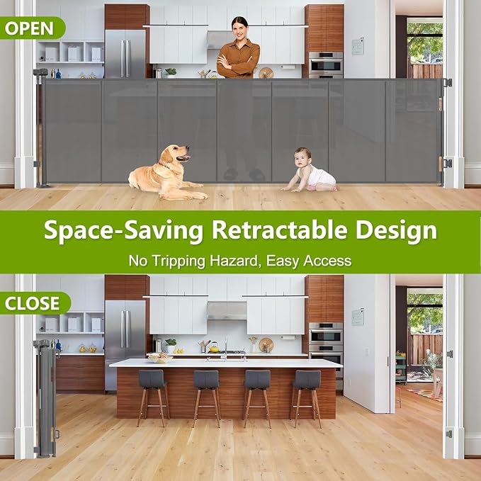Reinforced 42" Tall 195" Extra Wide Retractable Fence Outdoor/Indoor, Gray | Tall Baby Gate Extra Long Dog Gate for Gagage, Space-Saving, Easy to Use, Safety Lock, Scratch-Resistant Mesh, Easy Install