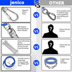 jenico Dog Tie Out Cable, 10/15/20/30/40/50/70/100/150FT Runner Cable with Swivel Hook and Shock Spring, Dog Leash Run Tether for Yard Outdoor and Camping,for Small to Medium Pets Up to 500 LBS