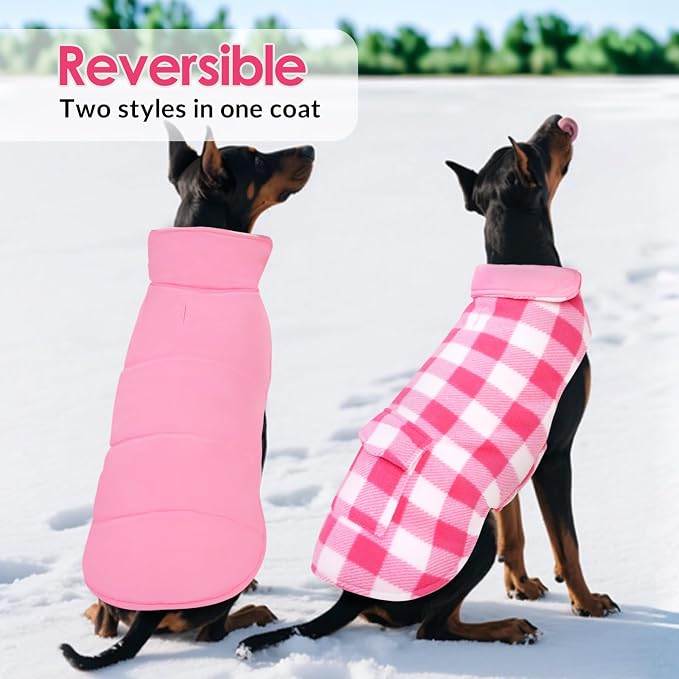 ASENKU Reversible Dog Winter Coat, Dog Jacket for Small Medium Large Dogs | Windproof Plaid Fleece Lining for Cold Weather, Water-resistant Outer Shell, Puppy Puffer Vest with Leash Hole, Pink 3XL