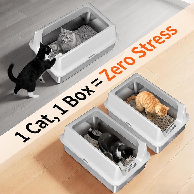 2 Pack XL Stainless Steel Litter Box with High Sides for Large Cat | Extra Large Tall Wall Open Top Deep Metal Pan, Anti-Leak Non-Stick Odor Control, 2 Scoops Included