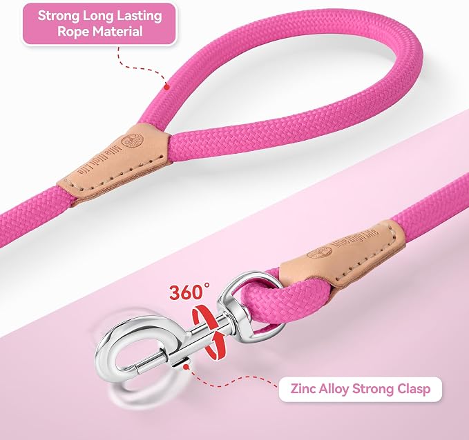 Mile High Life Dog Leash with Genuine Leather Connection, 4/5/6 FT | Rope Leash, Heavy Duty 360° Swivel Metal Clasp, for Small Medium & Large Dogs (Bright Pink, 60 Inch)