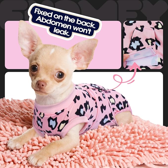 FUAMEY Dog Recovery Suit, Soft Surgical Suit for Dogs Onesie for Surgery | Cone Alternative after Surgery, Abdominal Wound Protector, Anti Lick Suit, Dog Onesie for Surgery Female Male Pink Leopard XS