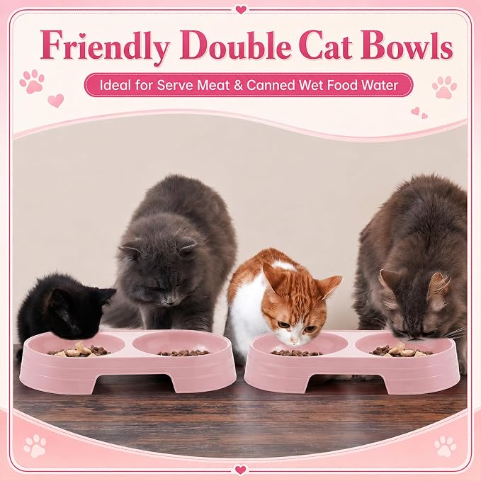 Sliner 7 Pcs Kitten Litter Box Starter Kit, 2 Plastic Small Kitty Litter Box Training Low Entry with Scoop, 2 Double Cat Bowl and Mat for Kitten Indoor (Pink)