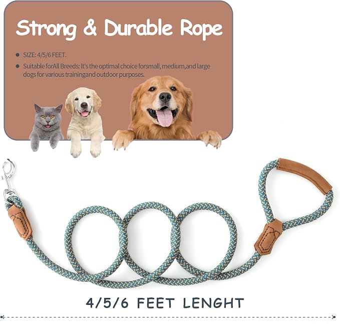 Mile High Life Dog Leash with Genuine Leather Handle, 6 FT/5 FT/4 FT | Leather Grip Rope Leash, Heavy Duty 360° Swivel Metal Clasp, for Small Medium & Large Dogs