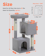 XL Cat Tree 44" Cat Tower for Large Cats 20 lbs, 2 Spacious Caves | Multi-Level Cat Tree with Scratching Posts, Soft Padded Perch, 2 Dangling Toys