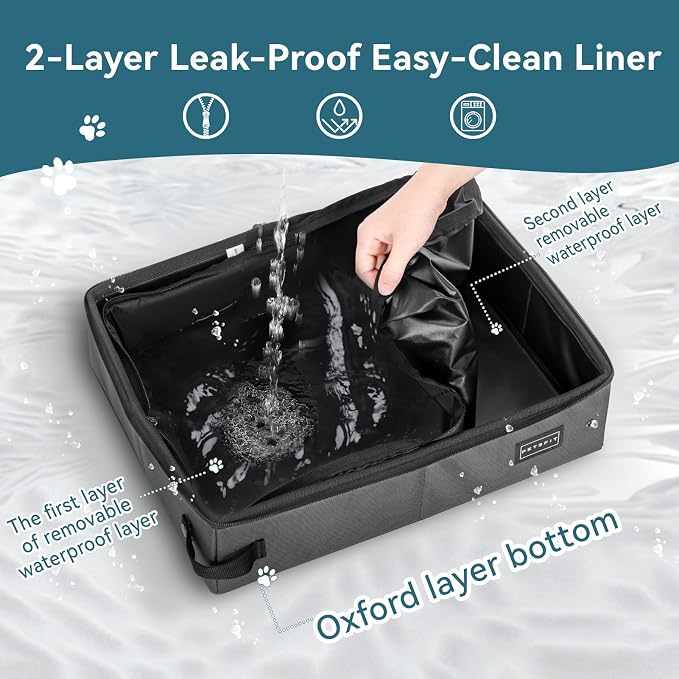 PETSFIT Portable Travel Cat Litter Box with Lid – Collapsible, Leak-Proof & Washable 2-Layer Liner, Sturdy Support Frame, for Hotel/Car/Camping, Cat Travel Essentials for Kitty/Medium Cats Grey