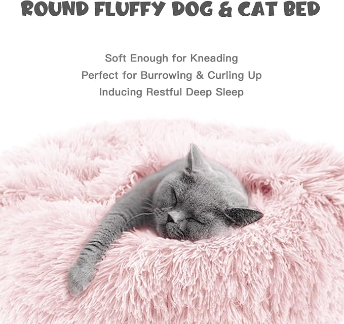 Himax 20in Covered Small Dog Bed with Blanket Attached Calming Burrow Pink | Dog Beds for Small Dogs, Anti-Anxiety Donut dog bed with cover, Washable Round Fluffy Pet Beds