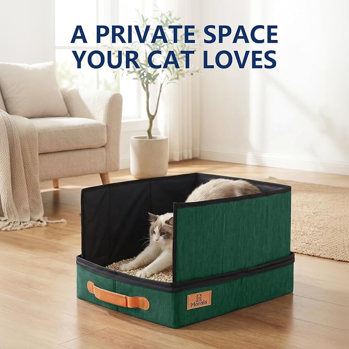 MORAIS Portable Travel Litter Box for Cats, 17.7"×13.5"×11" Collapsible Cat Litter Box with Lid, Leak-Proof Cat Litter Pan for Car Hotel Airplane, Waterproof & Easy to Carry- Green