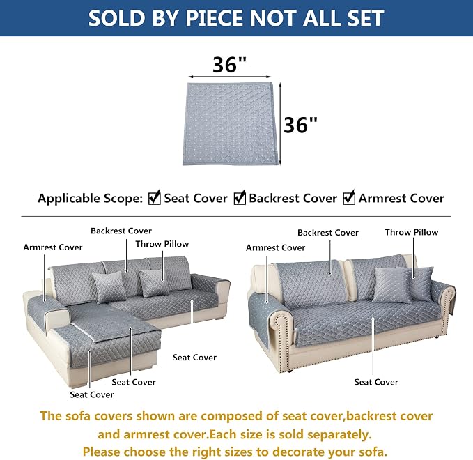 Eismodra Couch Cover,Sectional Couch Covers,Sofa Covers for 3 Cushion Couch,Anti-Slip Sofa Slipcovers for Dogs Cats Kids Loveseat Recliner L Shaped Armrest Backrest,Light Gray 36''x36''(Only 1 Piece)