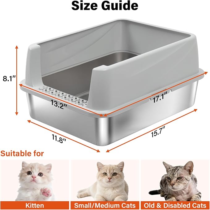 Stainless Steel Litter Box with Lid,Kitten Litterbox for Small Cats | Low Entry Cat Litter Box,Metal Kitty Litter Box with Scoop and Mat,Non-Stick,Odor-Free,Easy to Clean