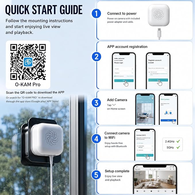 Window Camera 3MP 2K Indoor for Home Security, Color Night Vision - 1Pack | No Drilling See Outside from Inside Through Glass, 2.4GHz & 5GHz WiFi, AI Person Detection, Anti-Reflection Design