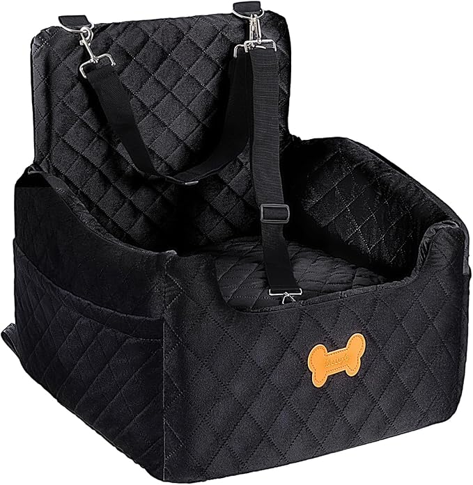 Dog Car Seat for Small Dogs, Dog Booster Seat Filling in Thick Memory Foam with 2 Safety Leashes and Storage Pocket, Suitable for Pet Under 30lb or 2 Puppies (Black)