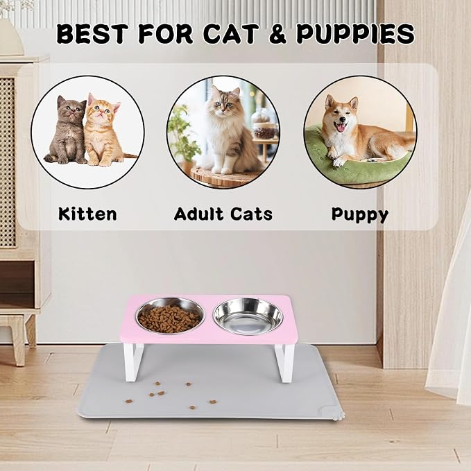 Summark Upgraded Elevated Cat Bowls with Food Mat,15°Tilted Stand Anti Vomiting Raised Cat Dishes for Food and Water,2 Stainless Steel Bowls for Cats and Puppy（Pink）