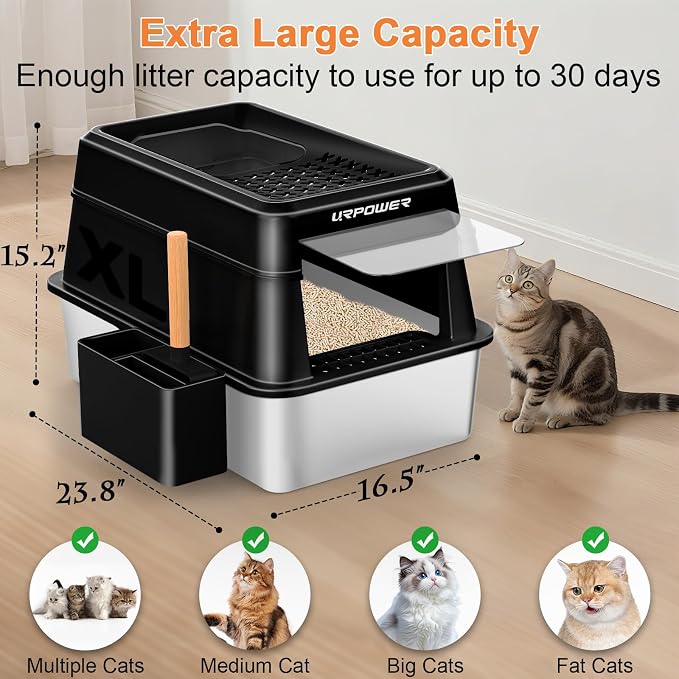URPOWER Extra Large Stainless Steel Litter Box with Lid for Large Cats | Non-Stick Metal Pan, Front & Top Entry, Odor Control, Anti-Leakage, Easy to Clean, Step and Scoop Included