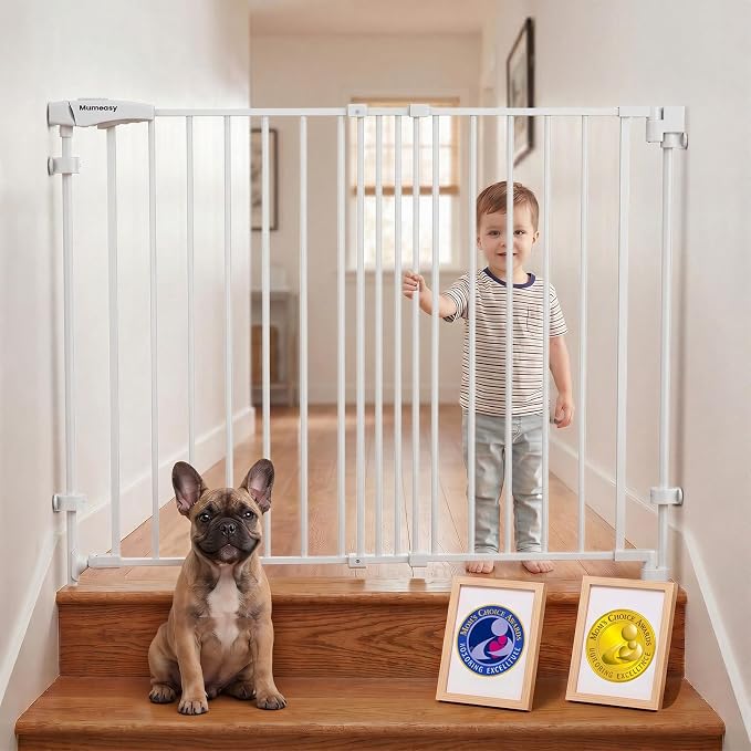 Mumeasy 36" Tall Baby Gate for Stairs, 29.5-43.3" Expandable Hardware Mounted (Drill Needed), Removable No Bottom Bar Dog Gate, Auto Close Wide Walk Thru Safety Gate for Doorways, Pets& Toddlers,White