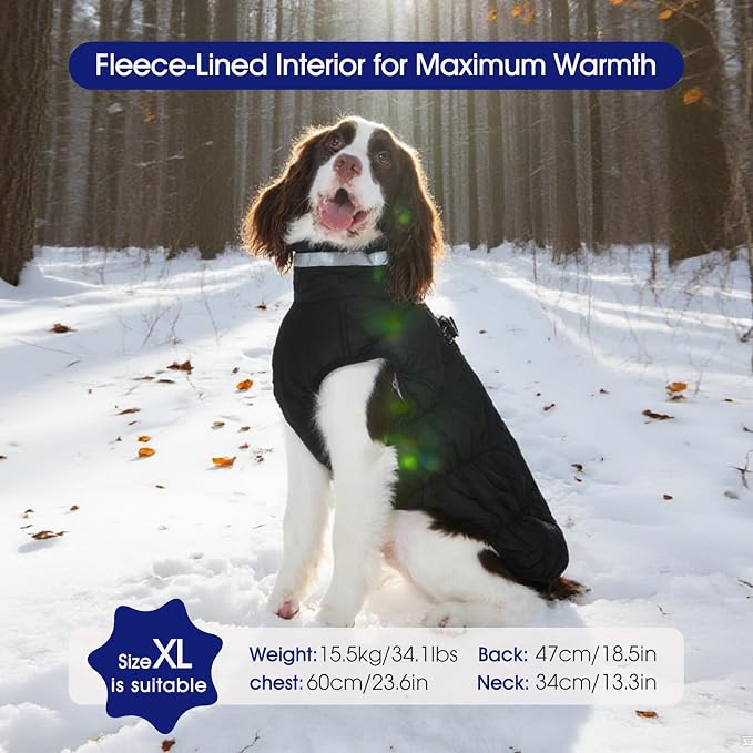 FUAMEY Dog Winter Coat Fleece Warm Large Dog Coat with Harness Built in | Dogs Cold Weather Fleece Coats Zip up Reflective Dog Winter Vest Windproof Water Resistant Snow Coats Solid Black XXL
