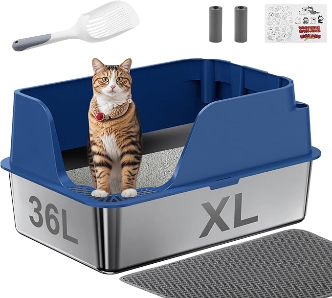 Non-Stick Stainless Steel Litter Box, XL Side Open Splash-Proof (Blue) | Leak-Proof Seamless Seal, Ellenpent Large Capacity, Cat Litter Box with Lid for Multi-Cats, Easy-Clean & Durable