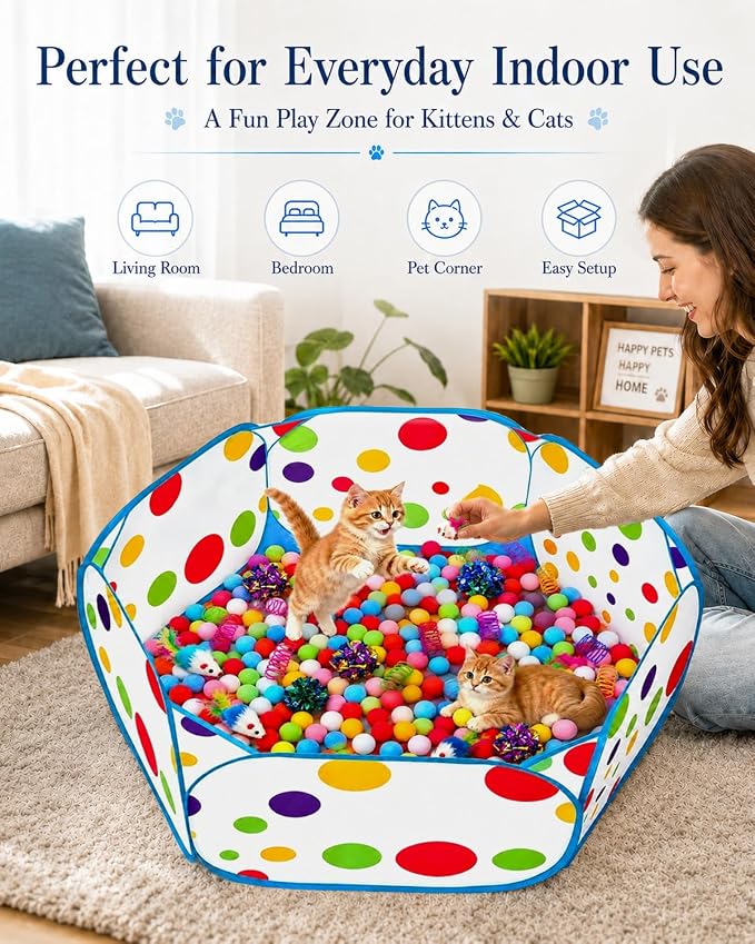 Cat Ball Pit with 227 Pcs Interactive Cat Toys, Enrichment Toys for Bored Indoor Cats Self Play, Include Pom Pom Balls Jingle and Crinkle Balls, Springs and Mice Toy for Kitten Fun and Exercise