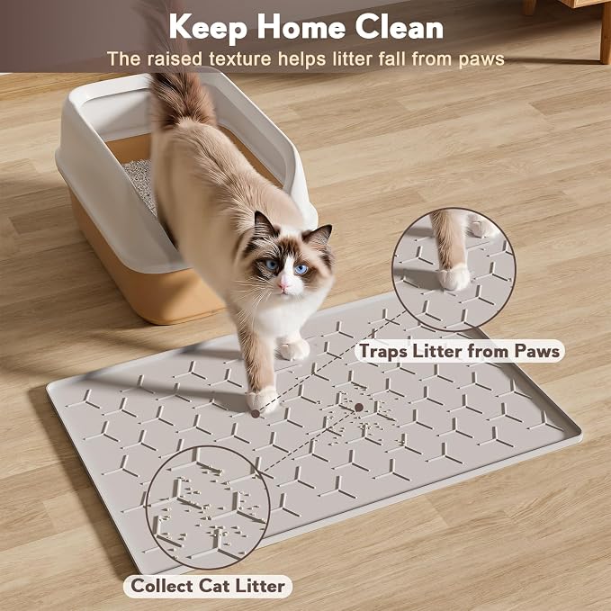 Garoopion Silicone Cat Litter Mat 24×16 inch, Easy to Clean, Gray | Waterproof Silicone Mat with Raised Edges, Catch Litter, Protect Floor from Urine, Multi-Use for Dog/Sink/Kitchen/Boots