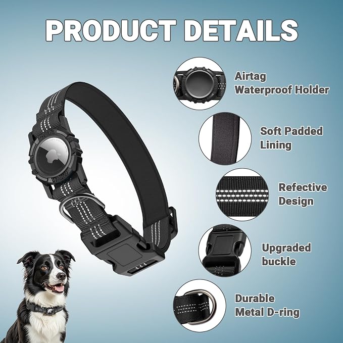 AirTag Dog Collar and Leash, IP68 Waterproof Integrated with Reflective, Ultra-Durable, Comfortable Padded, Heavy Duty Dog Collars for Small Medium Large Dogs, M (12.6"-17.1"), Black