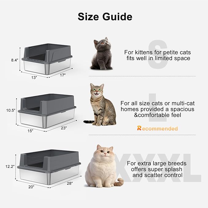 FURTIME Stainless Steel Cat Litter Box, Small Cats Metal Litter Box | High-Sided Open-Top Easy-Clean Litter Pan, Non-Stick, Anti-Leakage, Odor-Free, Comes with Scoop & Mat, 17"×13"×8.4"