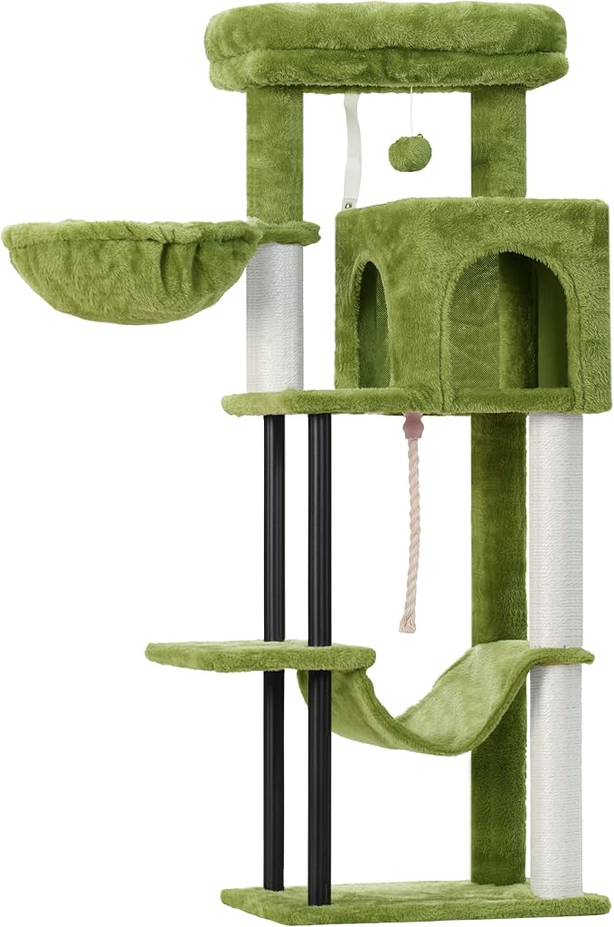 Gitelsnour Cat Tree, 43.3'' Cat Tower with Hammock for Kittens GCT004SGR | Cat Condo House for Small Indoor Cats, Basket, Scratching Post, Large Platform, Sturdy Steel Tube, Sisal Rope, Green