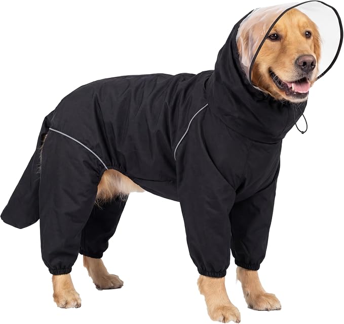 Dog Raincoat for Medium Large Dogs,rain Jacket Coat, Full Leg Coverage Waterproof Rain Suit with Detachable Hood & Tail, Reflective Strips, Snag-Free Top Zipper (Black for Boy, XX-Large)