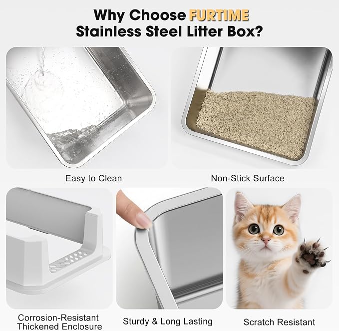FURTIME Stainless Steel Cat Litter Box, Large Cats Metal Litter Box | High-Sided Open-Top Easy-Clean Litter Pan, Non-Stick, Anti-Leakage, Odor-Free, Comes with Scoop & Mat, 23"×15"×10.5"